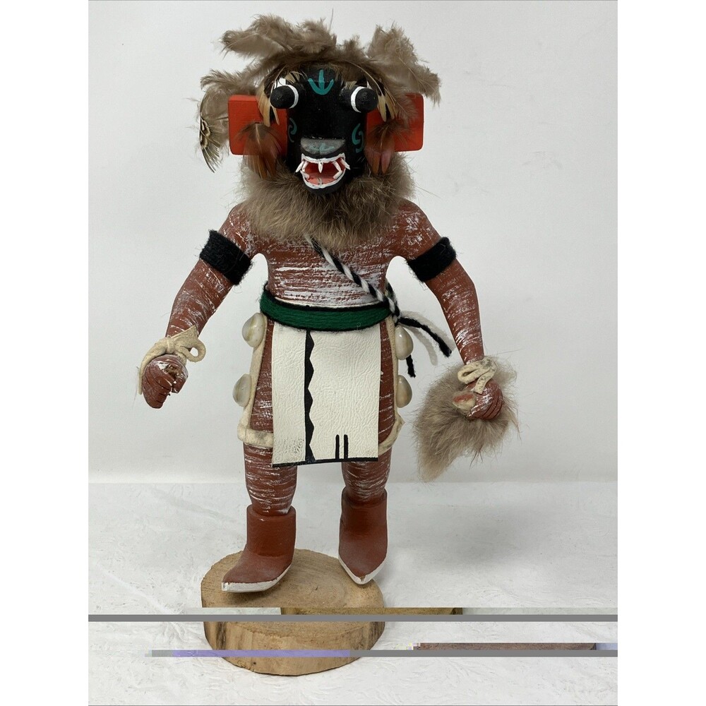 Kachina Doll Native American Black Wolf Figurine Fur Shells Leather 10” Signed